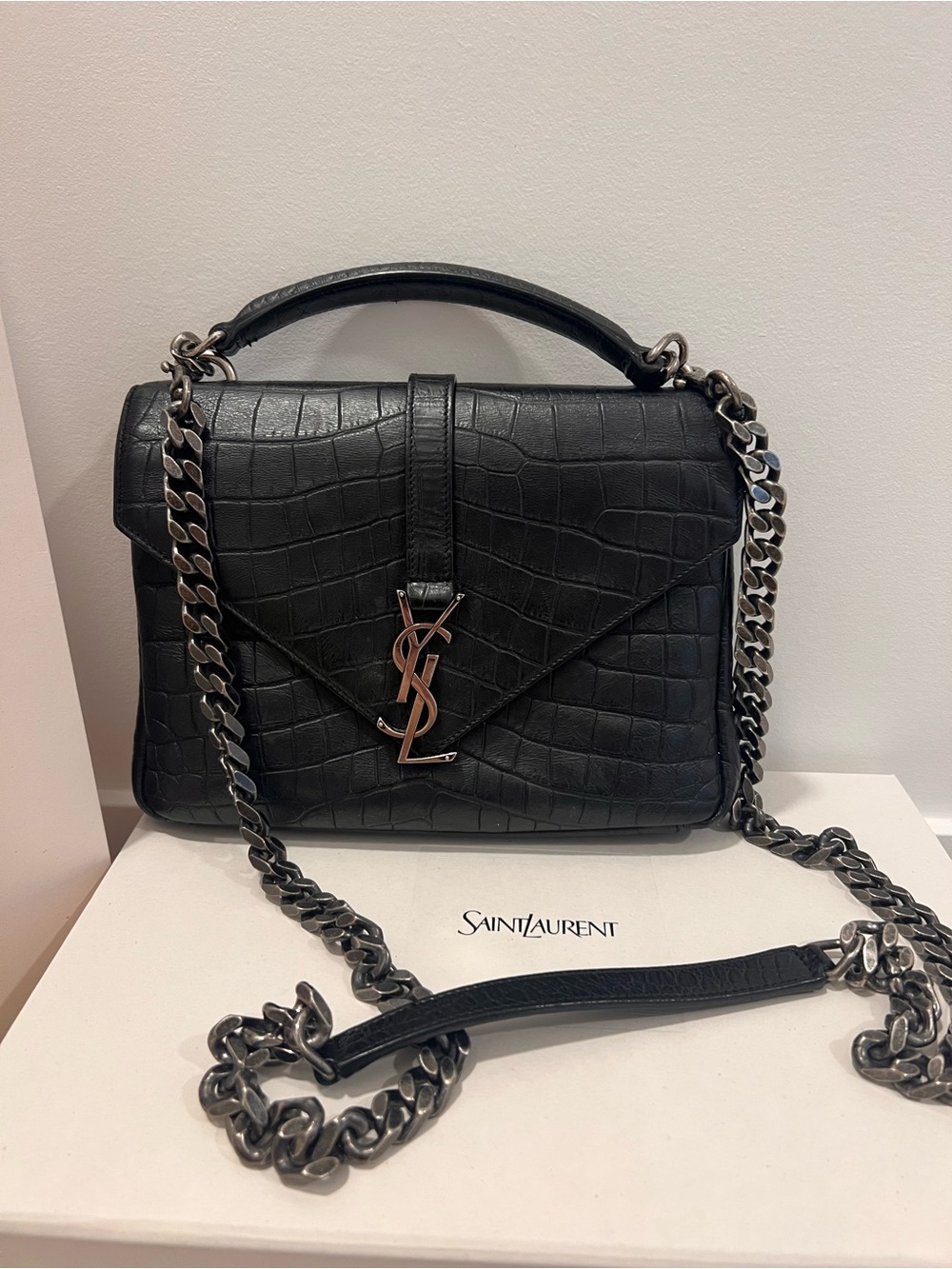Saint Laurent Medium Croc-Embossed Leather College Satchel